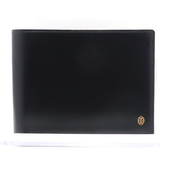 Cartier Men's Bifold Wallet Black Leather Gold Logo Vintage France